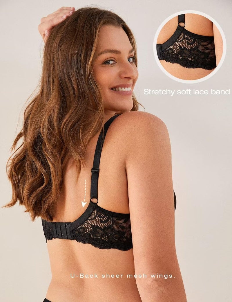 Deyllo Womenâ€™s Push Up Lace Bra Comfort Padded Underwire Bra Lift Up Add One Cup(Black,32B) - Image 5